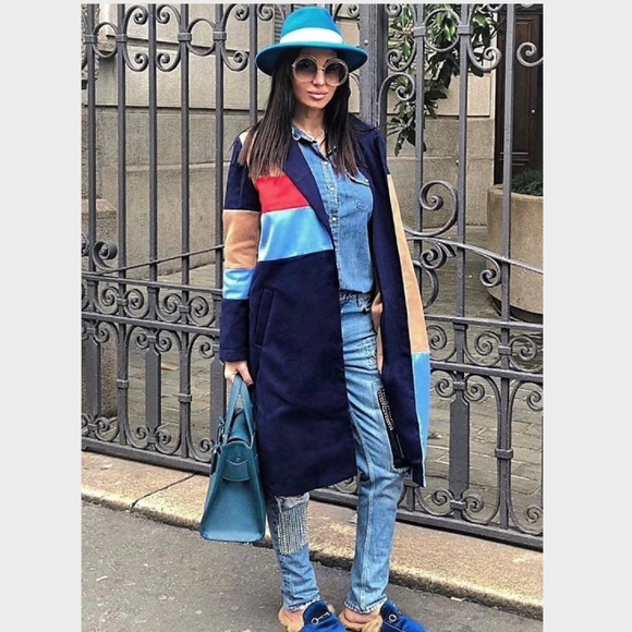 Blue Color Block Midi Coat w/Pockets - Picture 6 of 6